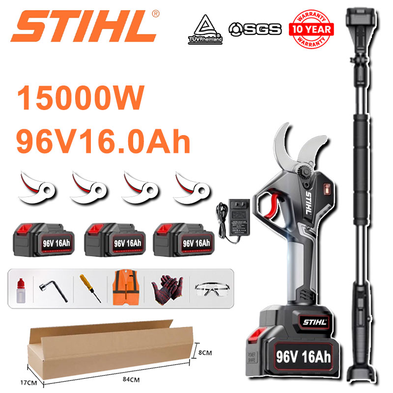 [Poste de extensão: 1,5 m a 4,6 m] Com função de visualização de energia LED, a duração da bateria pode chegar às 36 horas. Tesouras de poda de lítio sem escovas de 15000 W + bateria de lítio 96V 16,0Ah * 3 + carregador + lâmina de liga SK9 * 4 + caixa de ferramentas + lubrificante + óculos + manual + garantia de 10 anos